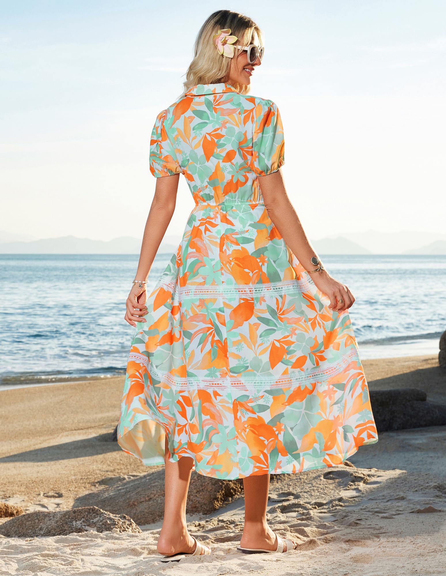 GRACE KARIN Women's 2026 Summer Floral Flowy Dresses Boho Tie Belt Short Puff Sleeve A Line Maxi Shirt Dress with Pocket