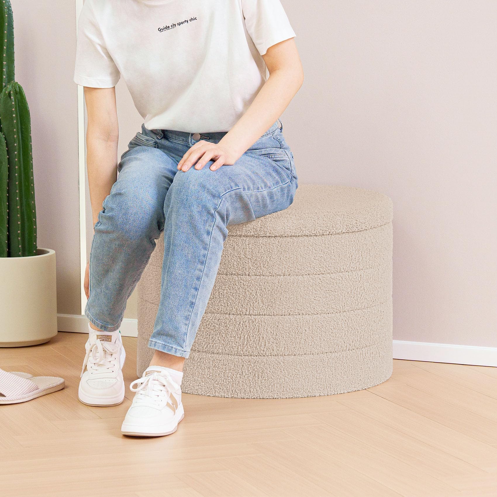 Bonlife Banco con Espacio de Almacenamiento, baúl Plegable, Caja de Almacenamiento, reposapiés, Flores, para Pasillo, Sala de Estar y Dormitorio (Beige, Gran círculo)