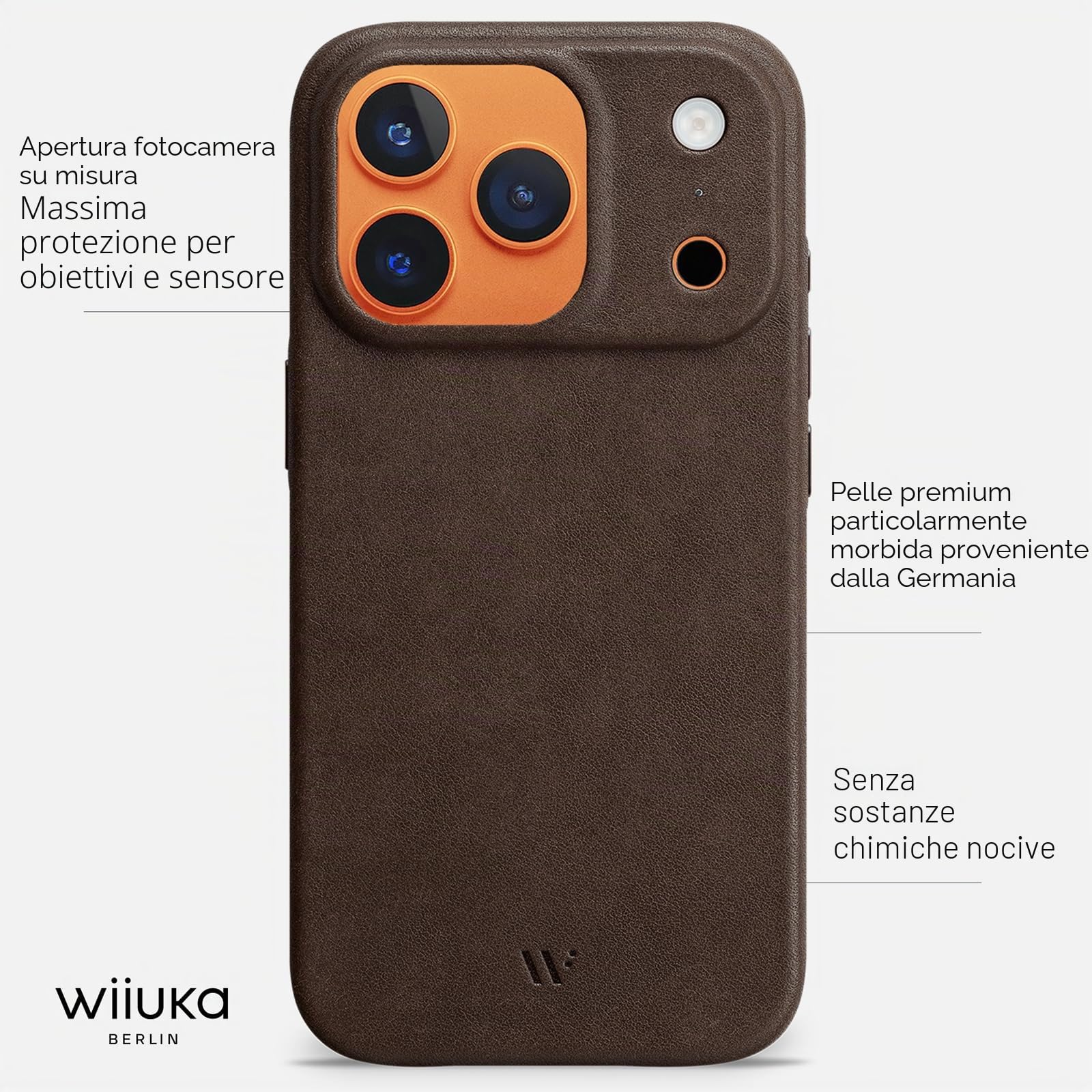 WIIUKA Custodia per iPhone 17 Pro Max, pelle dalla Germania, custodia in pelle extra sottile, custodia premium per smartphone, Case, Qi, skiin, marrone vintage