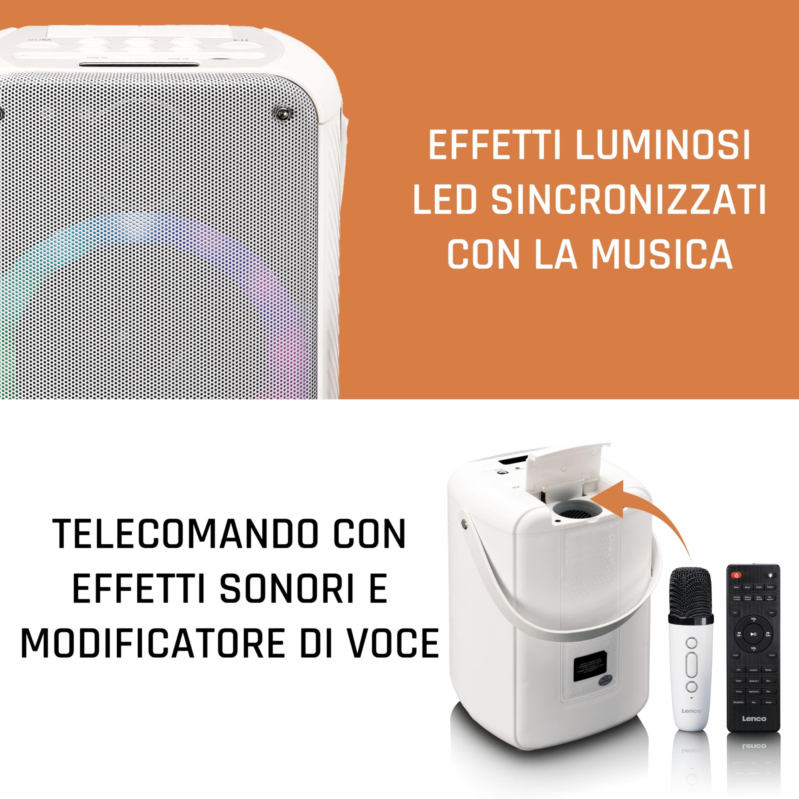 Lenco BTC-060 Macchina per karaoke portatile - Bluetooth 5.2-20 Watt RMS - 2 altoparlanti - microfono - telecomando - batteria integrata - effetti luce - bianco