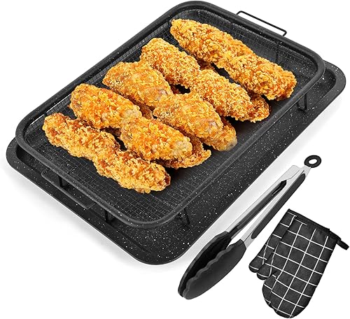 SEALAMB Cesta para freidora de aire para horno, bandeja antiadherente y fácil de limpiar, cesta de freidora de aire para horno con guantes y pinzas