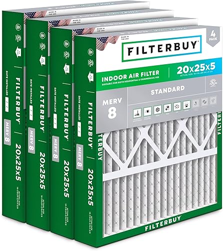 Filterbuy Filtro de aire MERV 8 de 20 x 25 x 5 pulgadas, protección contra el polvo (paquete de 4), filtros de aire plisados HVAC para calderas de