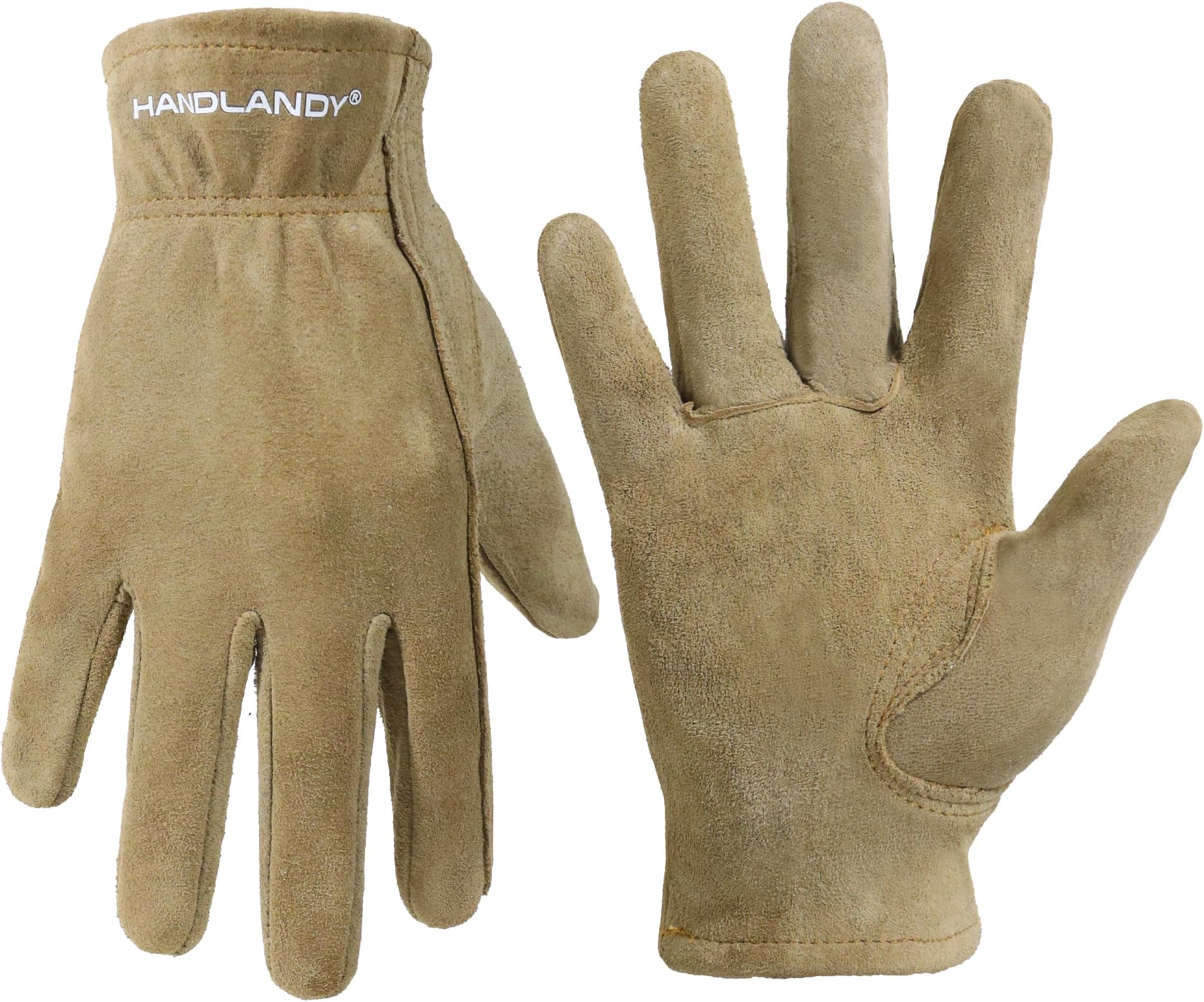 HANDLANDY Genuine Kids Leather Work Gloves for ages 3-11, Children Gardening Gloves for Boys, Girls (Medium ( for age5-7 ), Khaki)