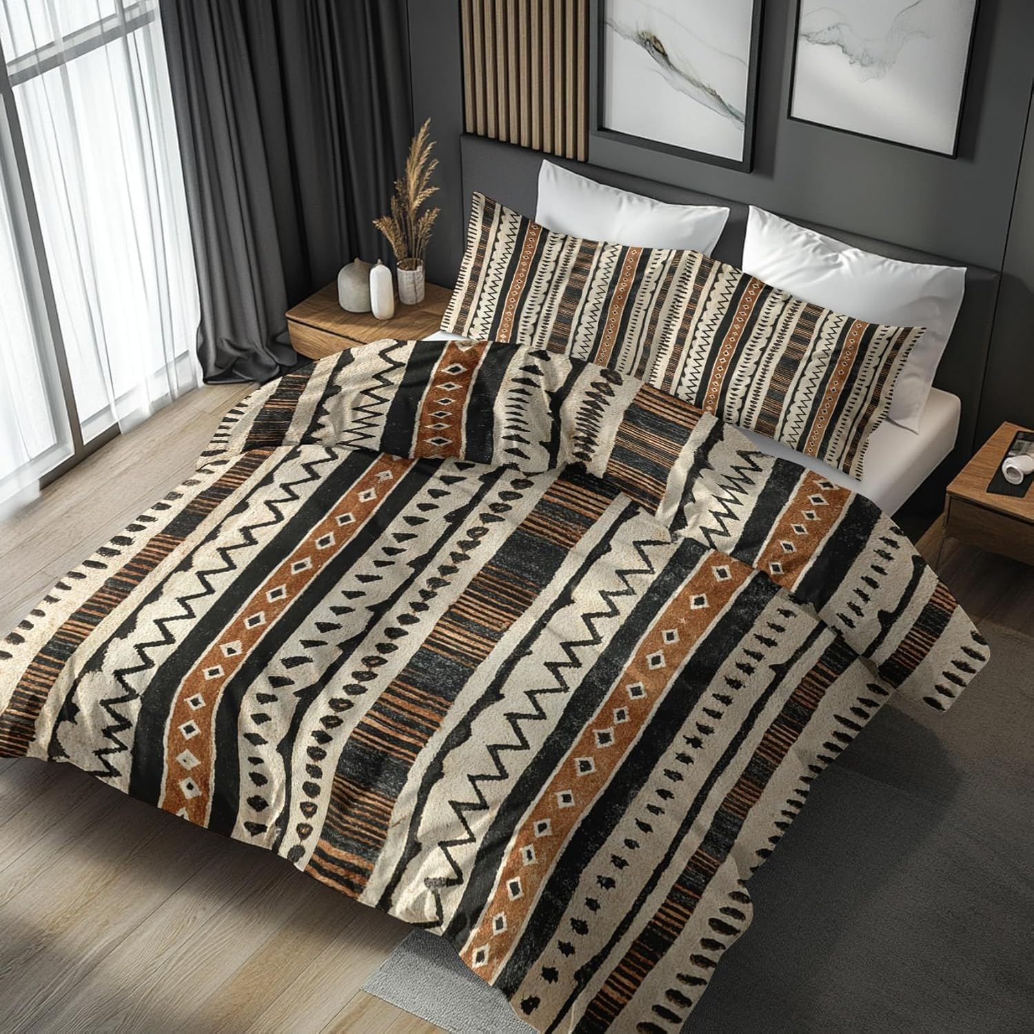 Funda Nordica Cama 90 Infantil Rayas geométricas Ropa de Cama Beige y marrón Microfibra Suave y Cómoda con Cremallera Funda Edredon 150x200-2 Fundas Almohada 50x75 QC2