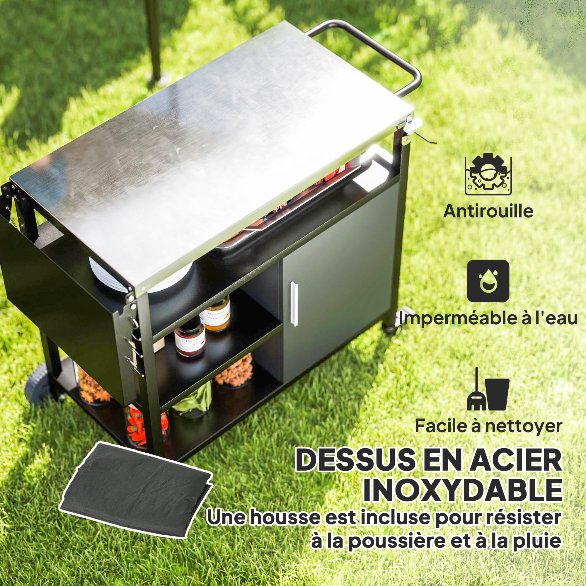 Outsunny Desserte de Jardin Chariot de Barbecue avec Plateau en Acier Inoxydable, Tablette Rabattable et Crochets, Housse Fournie, Meuble de Service Extérieur à roulettes pour Plancha, 127x51x84cm