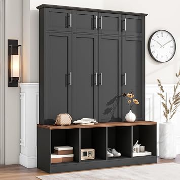 Multi-Functional 59 Wide Hall Tree with 4 Hidden Hanging Hooks, Brown Wood Grain Minimalist Shoe Cabinet, Entryway Cabinet Coat Hanger with Open Compartments for Living Room Hallway Black-Hid