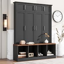 Hall Tree with 4 Hidden Hanging Hooks, Brown Wood Grain Bench with Multiple Storage Space, Entryway Cabinet with Open Compartments for Living Room, HallwayBlack-S9