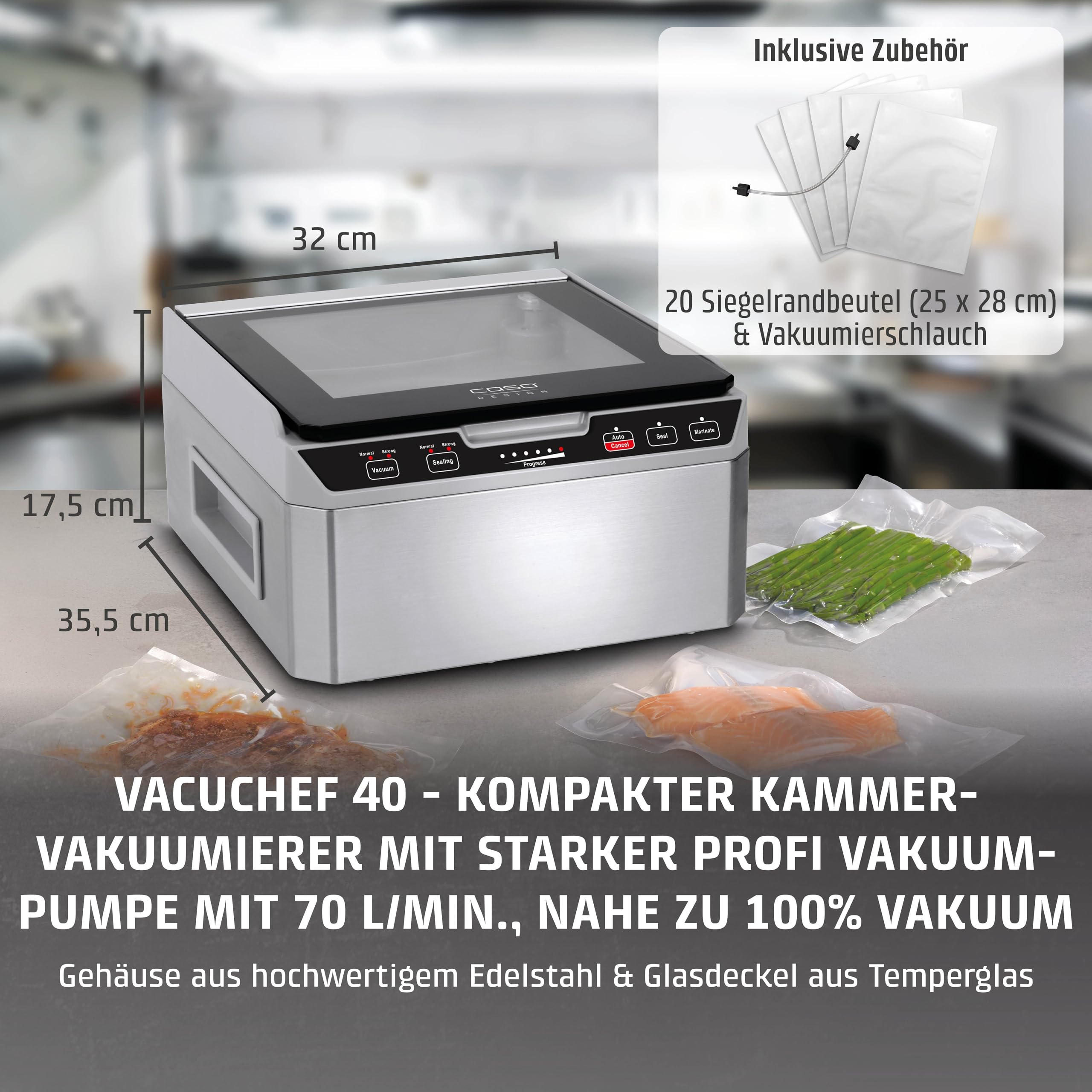 Caso VacuChef 40 - Kammervakuumierer Aus Edelstahl, 3L Vakuumkammer 70 Liter/Minute, Doppelte SchweiÃŸnaht, Einstellbare Vakuum- Und SchweiÃŸzeit, 1417