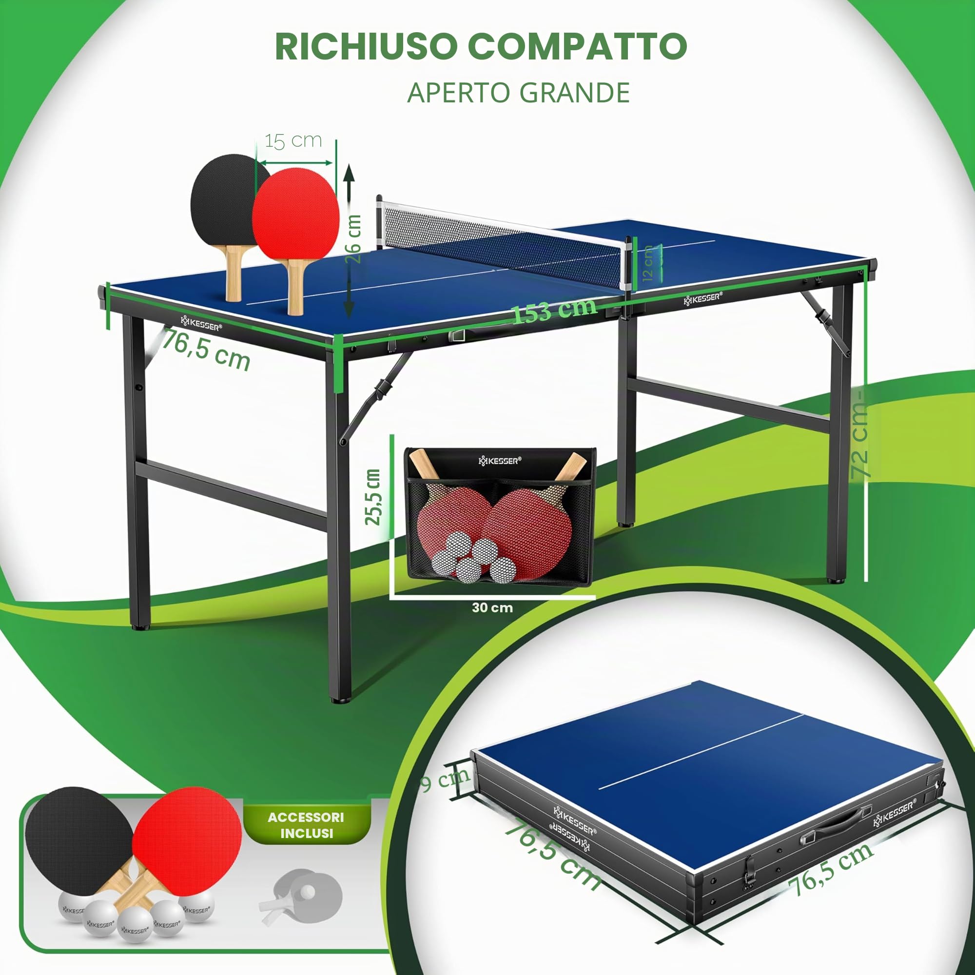 KESSER Mini tavolo da ping pong per esterni, con set di racchette da ping pong, palline da ping pong e rete T, resistente alle intemperie, laminato, pieghevole, per viaggi, design a valigia, 153 x