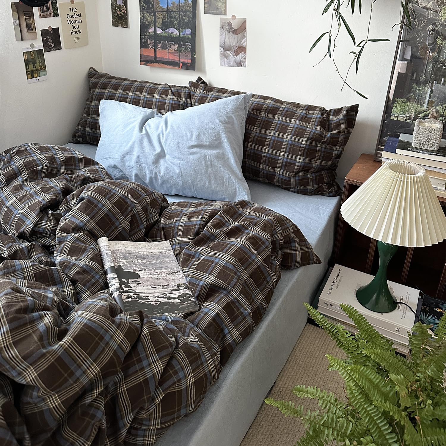 mixinni Vintage Brown &amp; Blue Buffalo Plaid Duvet Cover Set Twin XL Size - 3 Piece Washed Cotton Bedding Set with Grid Pattern, Soft &amp; Breathable Duvet Cover with Pillowcases for Boys, Men&amp; Women