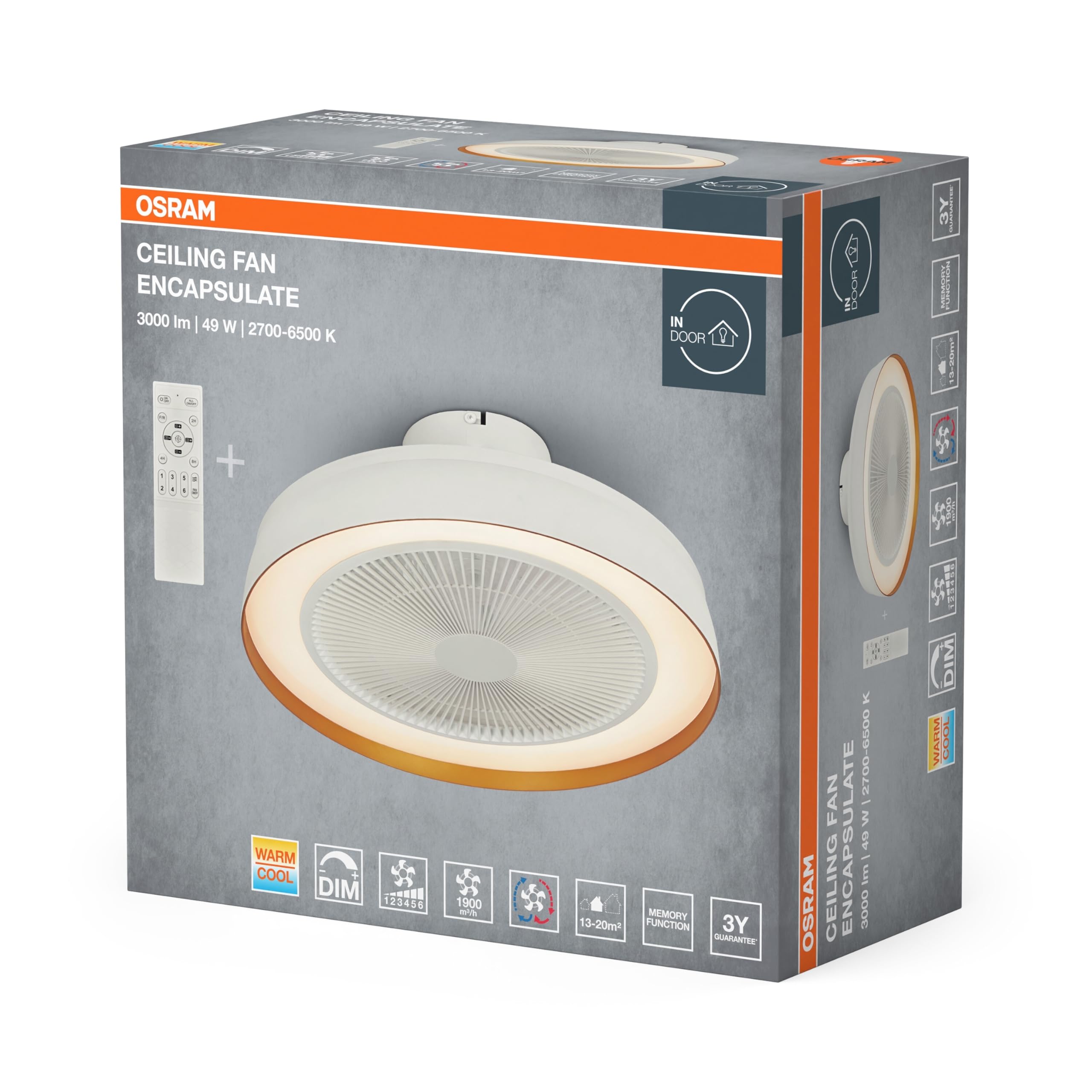 Wentylator sufitowy OSRAM 480 mm, 49 W LED ściemnialny, silnik DC 6 prędkości, zdalny timer, 1900 m³/h, 13-20 m²