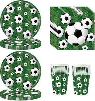52Pcs Football Party Tableware Set for Kids Adult,Green Football Theme Paper Plates Paper Cups and Napkins,Sports Party Paper Dinnerware Set for Birthday,World Cup 2026 Soccer Partys Tableware Decor
