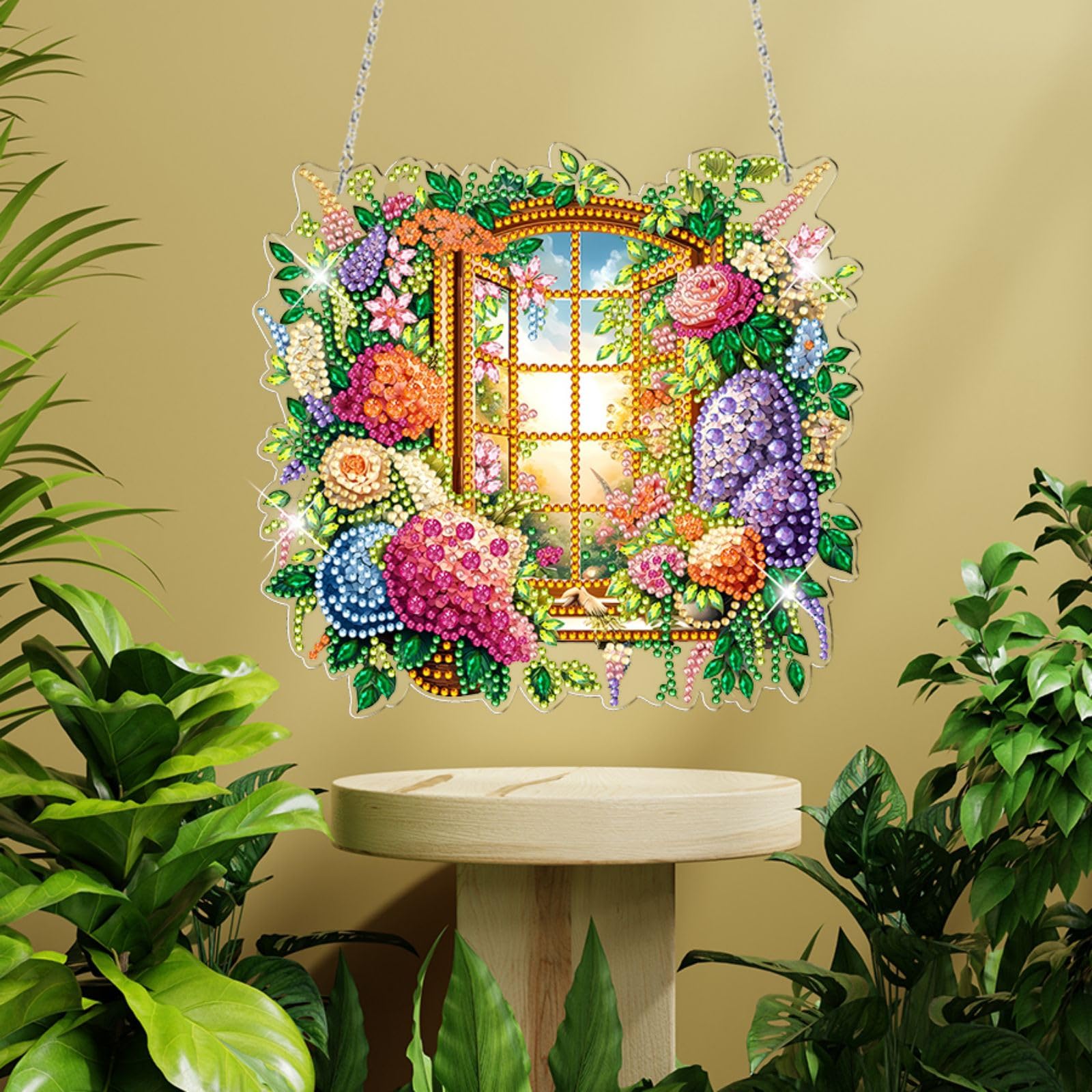 CXINLky DIY Diamond Art Painting Ciondolo con catena, 5D, forma irregolare con diamante, kit di arazzo da parete per finestre, pareti, giardini, piante grasse 01