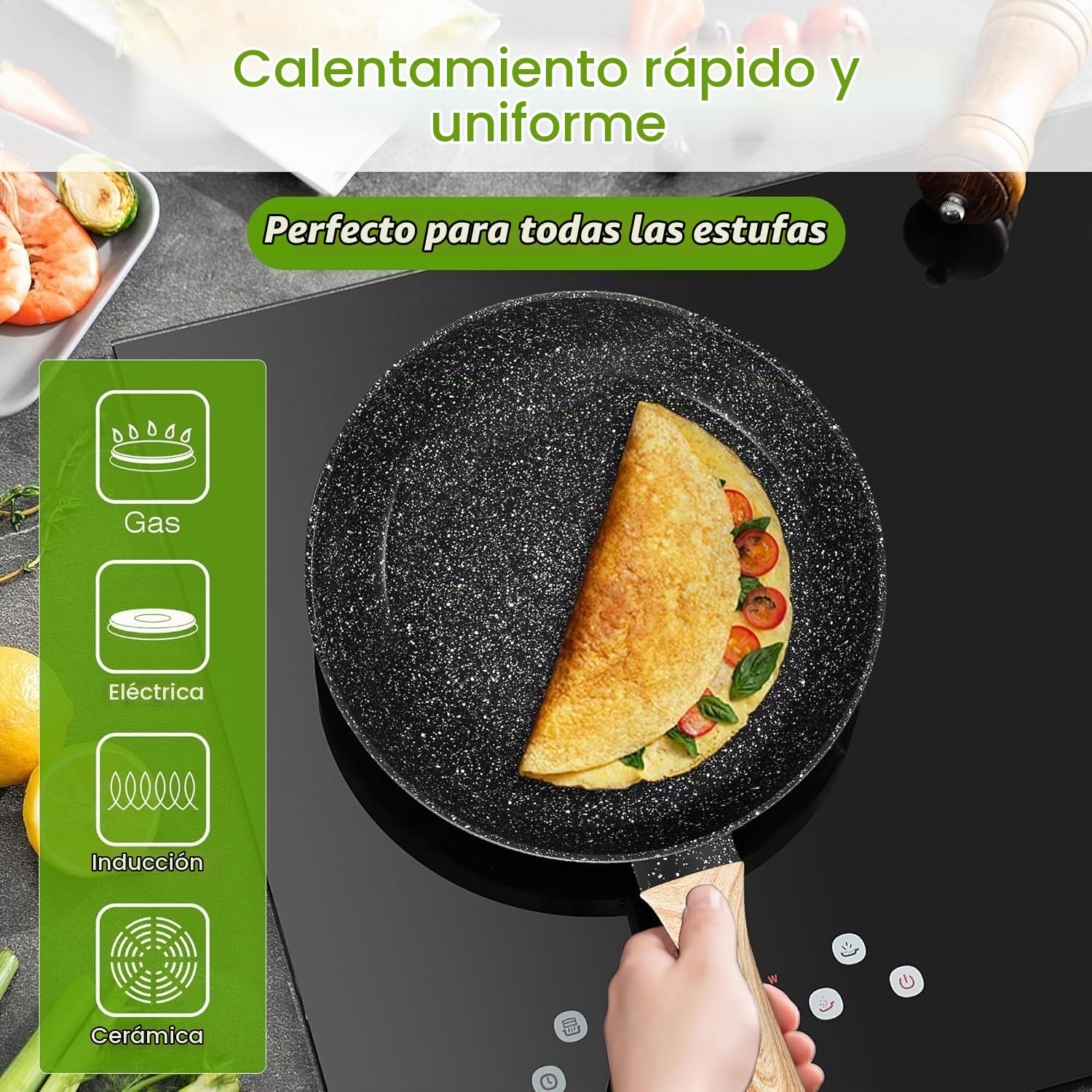 Batería de Cocina Antiadherente de 19 Piezas, Juego de Ollas y Sartenes de Inducción en Granito Negro, No Tóxico, Apta para Todas las Cocinas, Sin PFOA, PTFE, PFAS ni PFOS