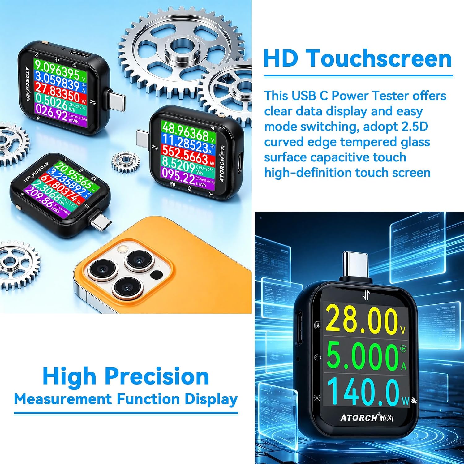 T3 USB C Tester, Digital Power Meter, 4.5-50V Voltmeter Ammeter with 2.5D Touch Screen, PD QC VOOC Fast Charging Protocol Detector, Bluetooth Data Transfer & Power Ripple Tester-Black