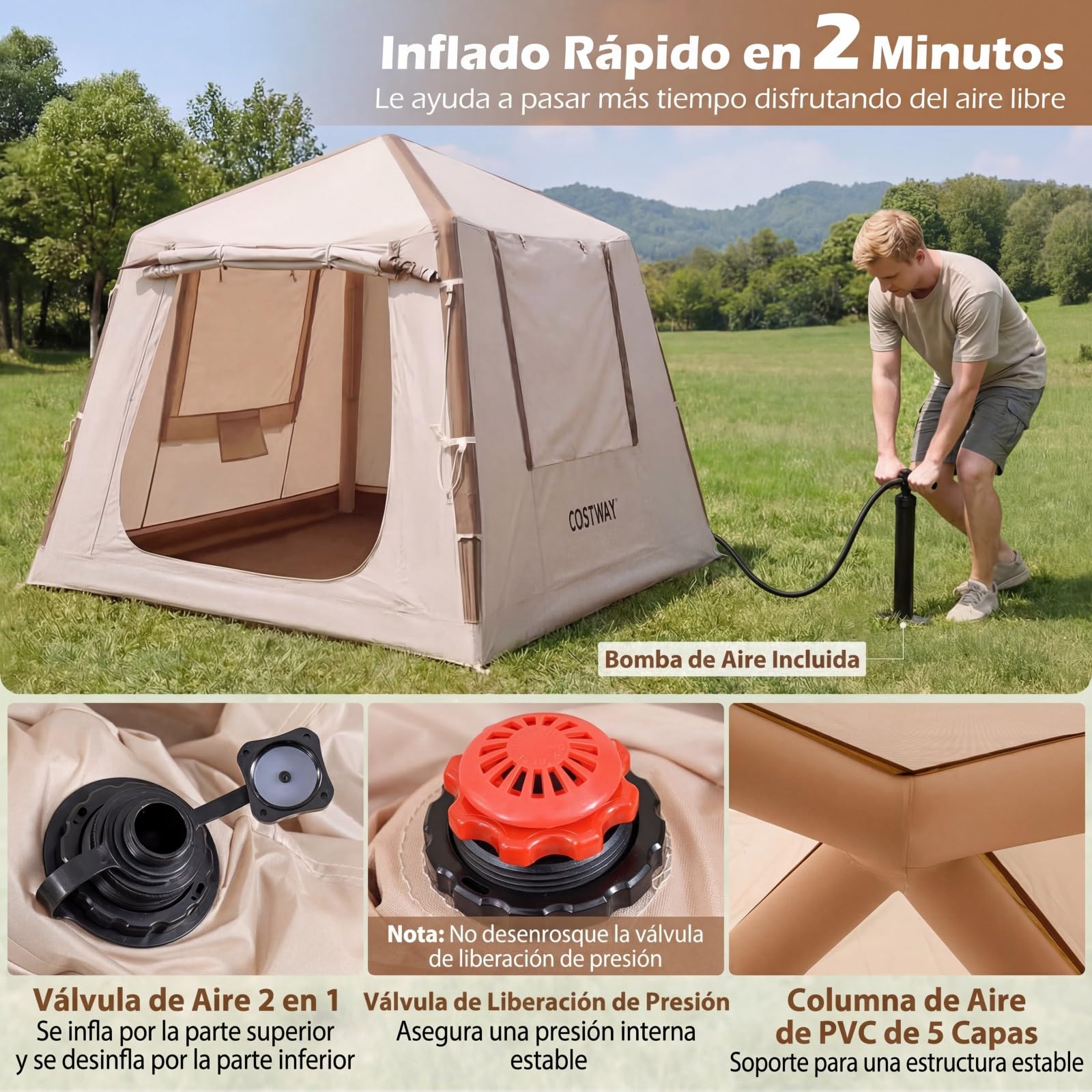 COSTWAY Tienda de Campaña Inflable para 2-4 Personas, Tienda de Campaña con Ventanas de Malla y Puerta, Bolsa de Transporte, 210 x 210 x 180 cm, Oxford Impermeable, Montaje Fácil con Bomba