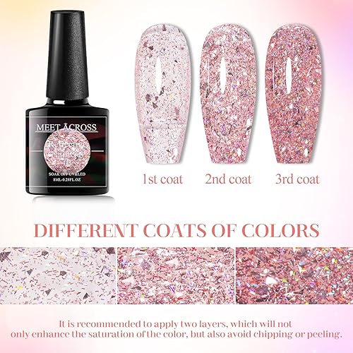 Miniatura 7 de MEET ACROSS Juego de esmaltes de uñas de gel de 6 colores reflectantes con purpurina para uñas, kit de esmalte de uñas de gel azul, rosa intenso,