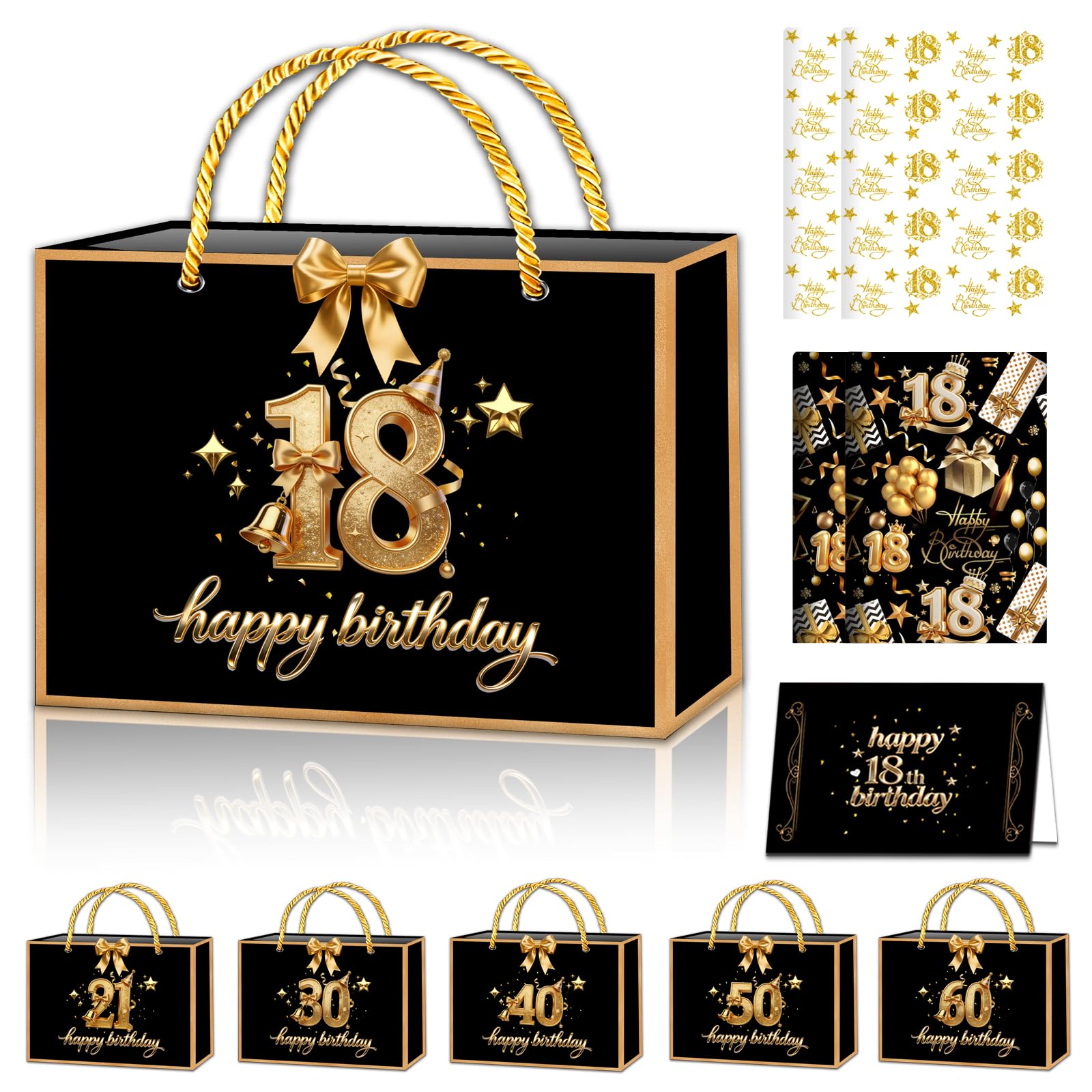 POPOYU Black Gold 18th Birthday Gift Bag with 18thBirthday Wrapping Paper and Birthday Card,Ribbon,18th Birthday Wrapping Paper for Grils,Tissue Paper Sheets for BirthdayGifts Wrapping,DIY Art Crafts