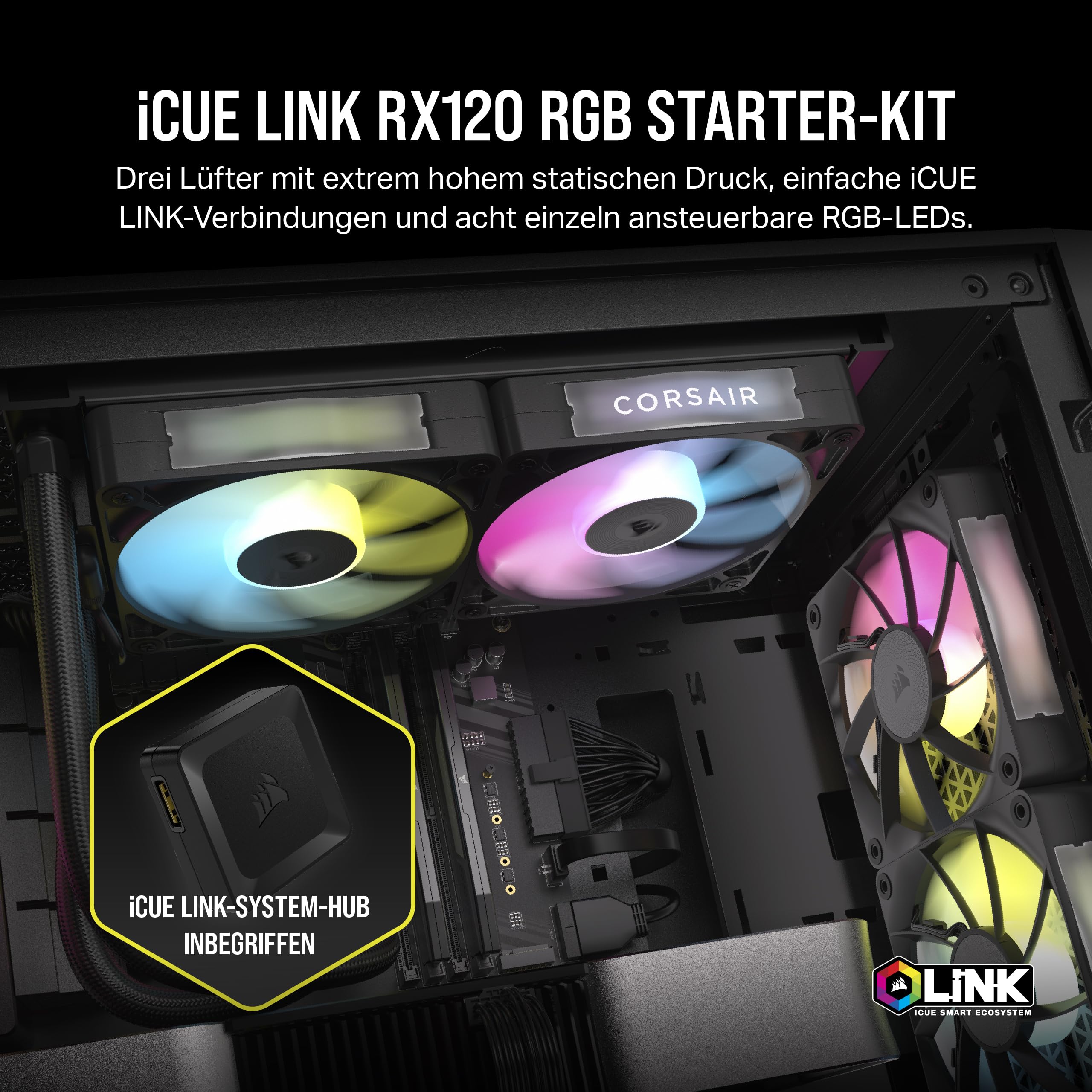 CORSAIR iCUE LINK RX120 RGB 120mm PWM-Lüfters mit iCUE LINK System Hub - Magnetisches Kuppellager - Dreierpack - Schwarz