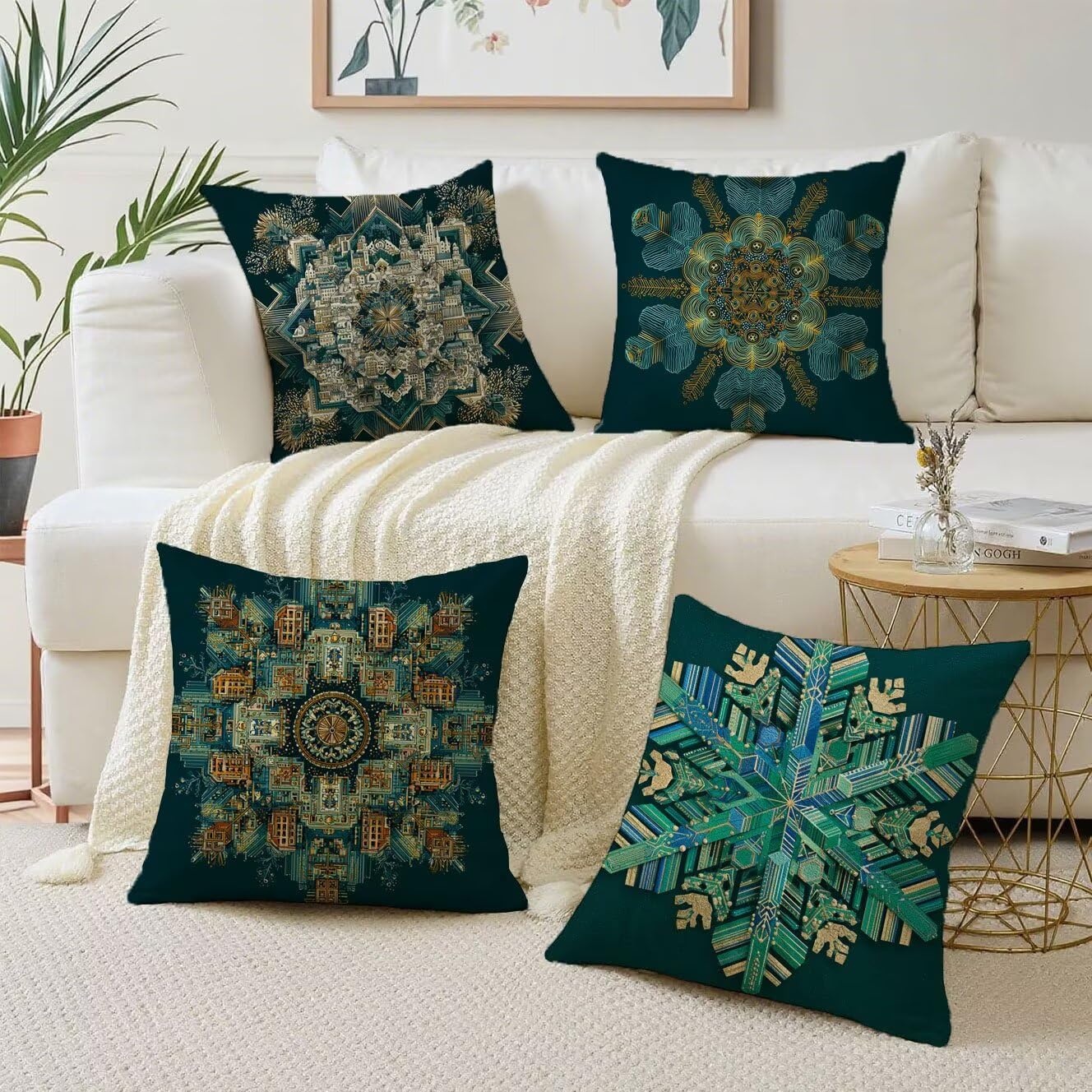 Fiocchi neve Cuscini da Esterno 60x60 Set da 4 Federe Cuscini Divano verde Copricuscini Velluto Copri Cuscino Divano, Impermeabili Copricuscino, Quadrato Cuscino Decorativo, Moderna Decorazione t-899