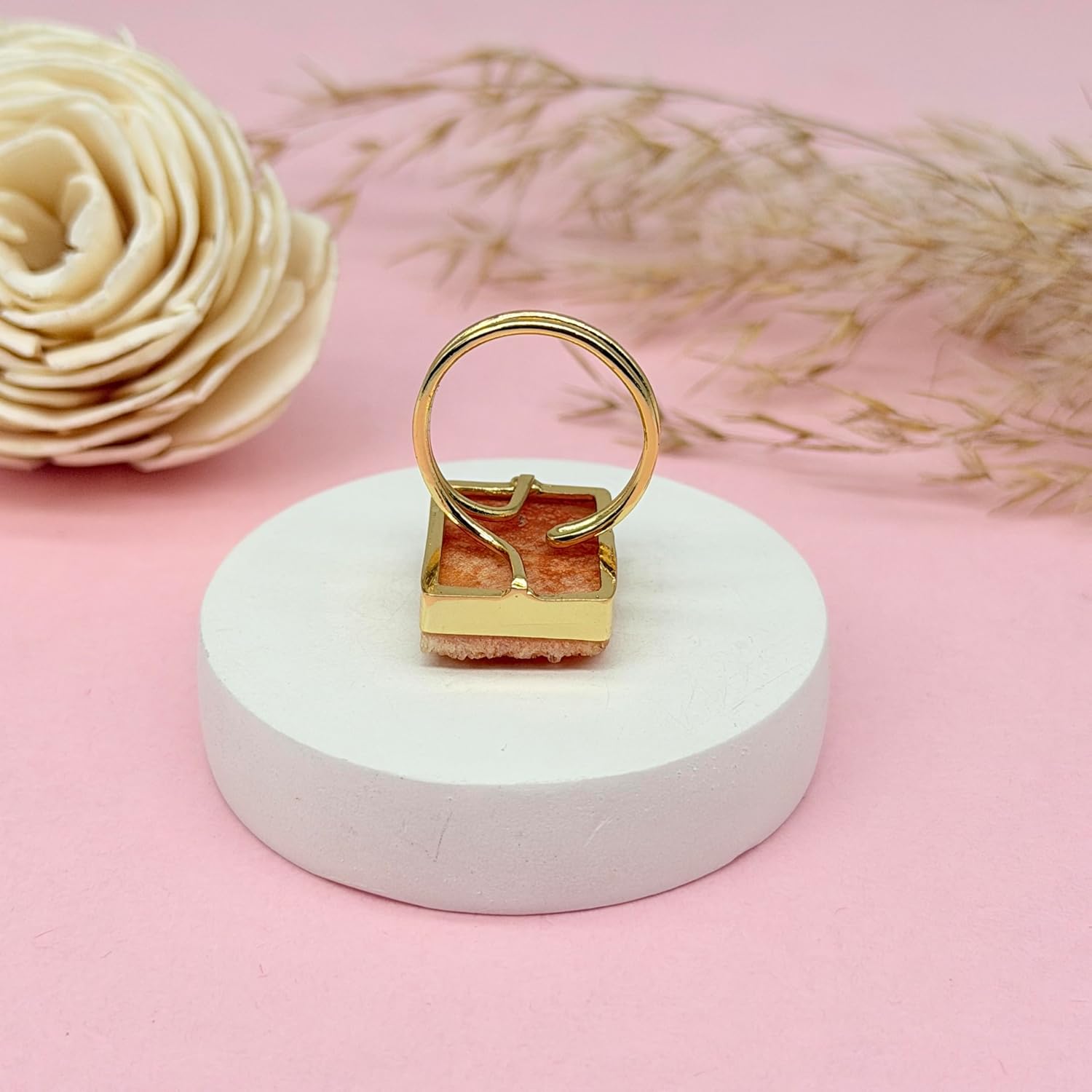 Rectangular Druzy Ring for Women – Natural Geode Druzy Stone Ring with Gold Plated Bezel Bar Setting – Adjustable Statement Crystal Jewelry