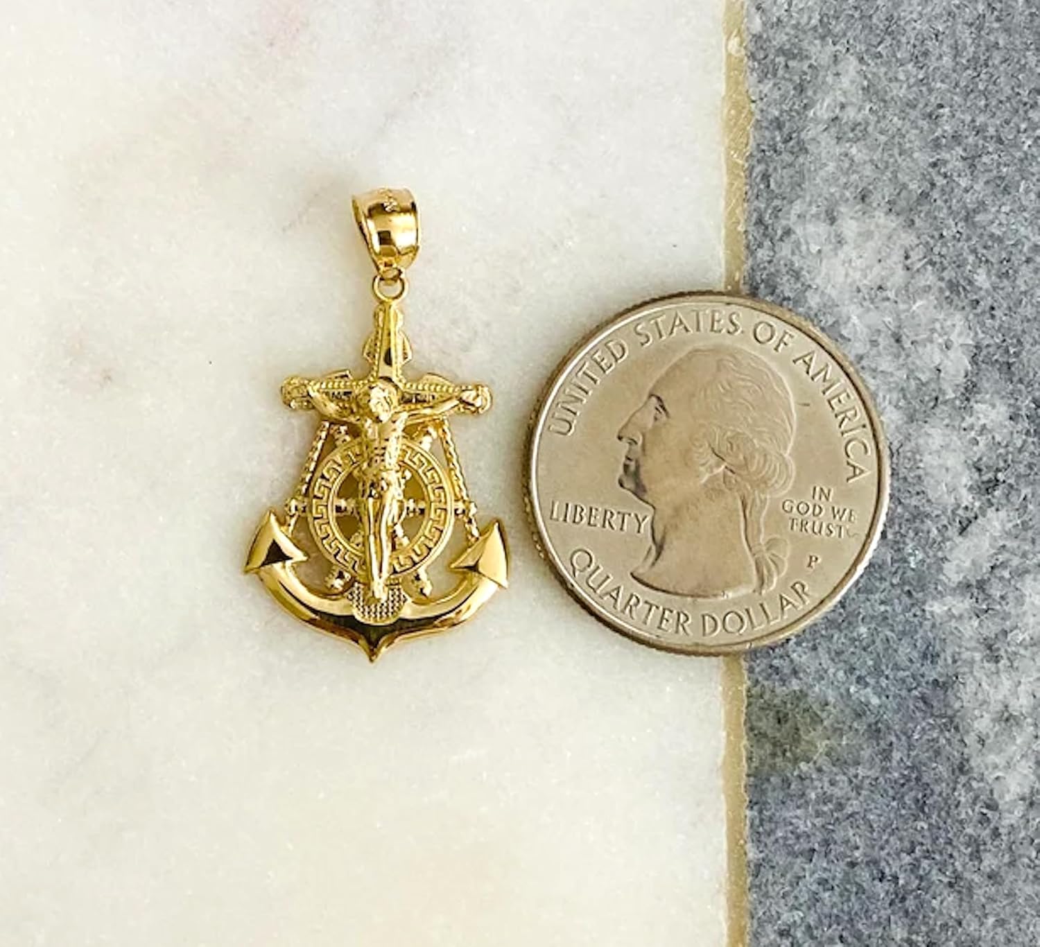 Solid 14K Yellow Gold Mariner Crucifix Pendant, 31mm x 17mm Jesus Christ Anchor Cross, Nautical Design