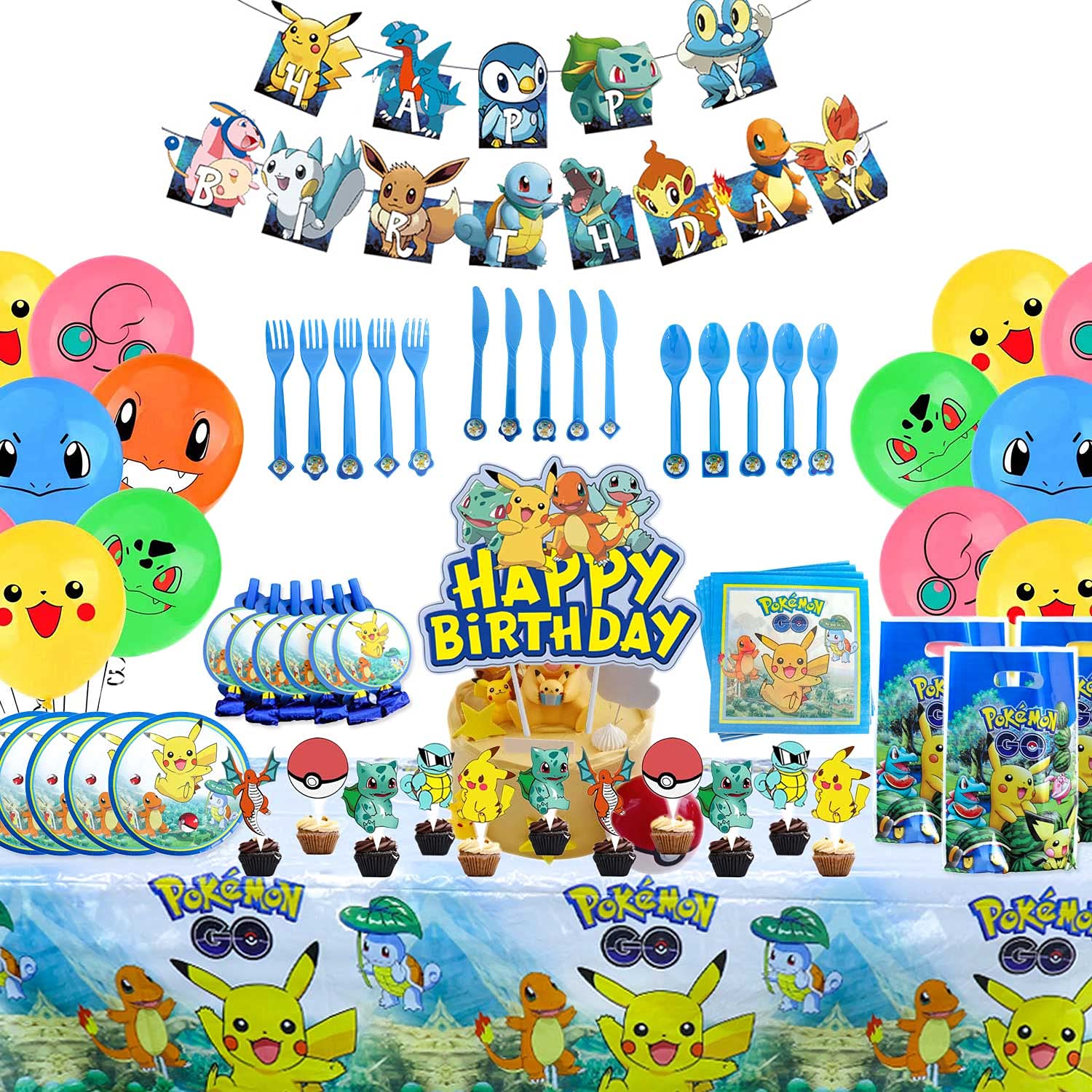Pokemon Party Supplies Birthday Decorations Set of 131Pcs Favors For Boys Grils Included Plates Napkin Banner Toppers Tablecloth Balloon Tableware