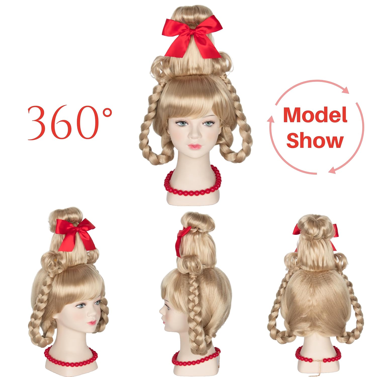 Yan Dream Christmas Girls Wig Long Blonde Braided Wig with Red Bow and Necklace Cosplay Party Wig