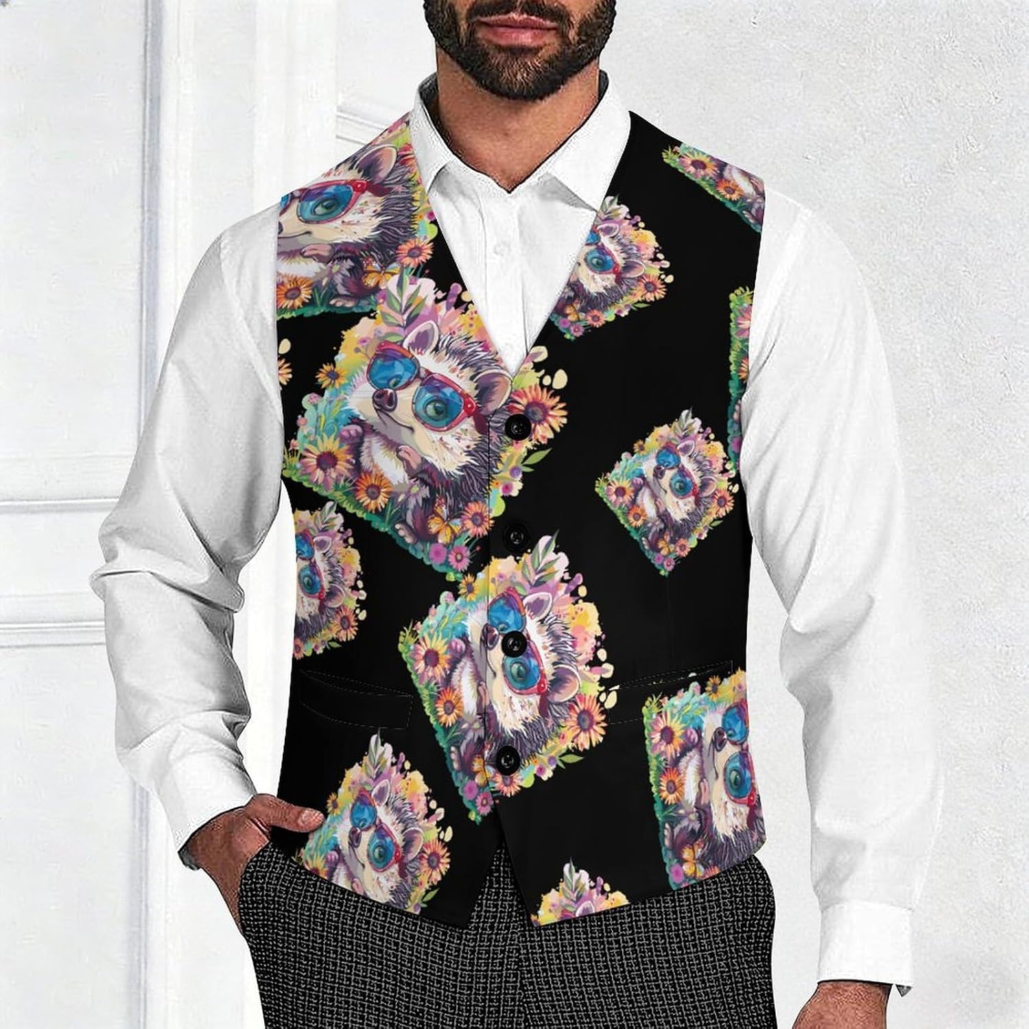 Hedgehog Flowers Butterfly Men's Suit Vest Formal Vests Casual Dress Fit Waistcoat Casual Tuxedo for Business