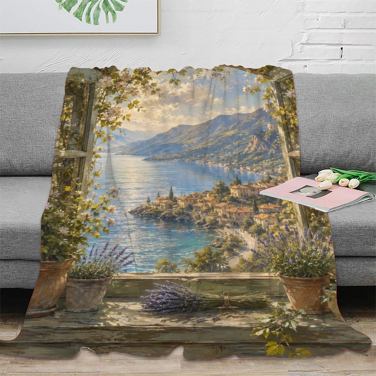 W7C8U2X3 Lake Terrace Mountain View Blanket, Flannel, Scenic Outdoor Style