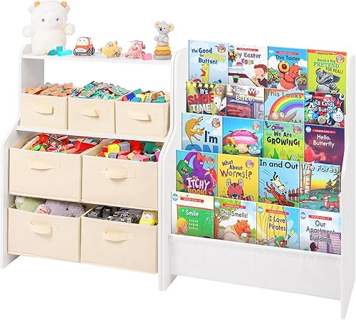 Vilaxing Organizador de almacenamiento de juguetes con estante de juguetes para niños y 7 contenedores de almacenamiento, estantería para libros
