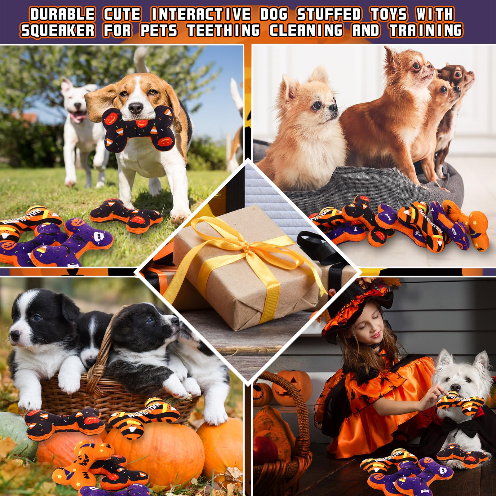 Halloween-Hundespielzeug, Kauspielzeug, quietschendes Knochenplüschtier für Hunde, langlebig, niedlich, interaktiv, gefüllt, mit Quietscher, ideal zum Spielen, Training und Zahnreinigung