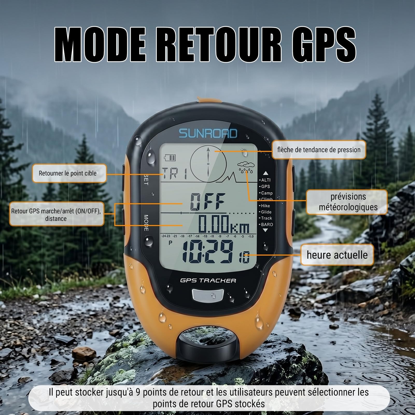 Altimètre Baromètre GPS, Appareil GPS Multifonctionnel Haute Précision avec Boussole, Thermomètre, Hygromètre, Prévisions Météo, Horloge, Date, Lampe de Poche LED, Réveil, Étanche IPX4
