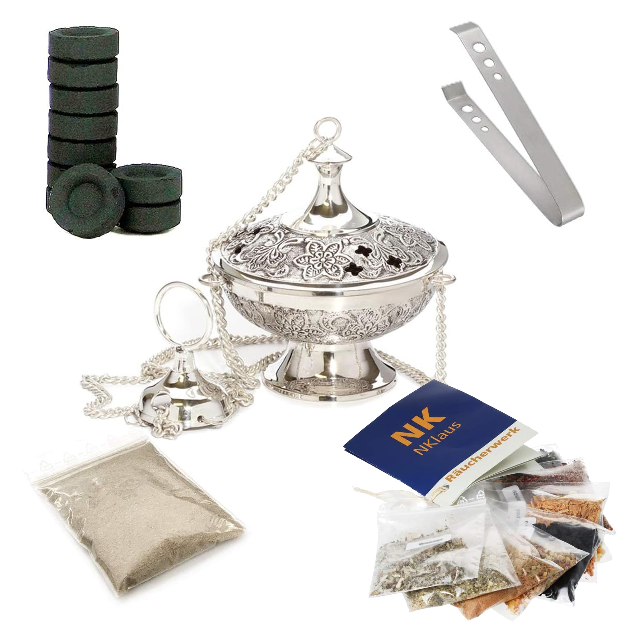 NKlaus set completo di bruciatori d'incenso 14 pezzi con incenso, resine, pinze per carboncini d'incenso 40599