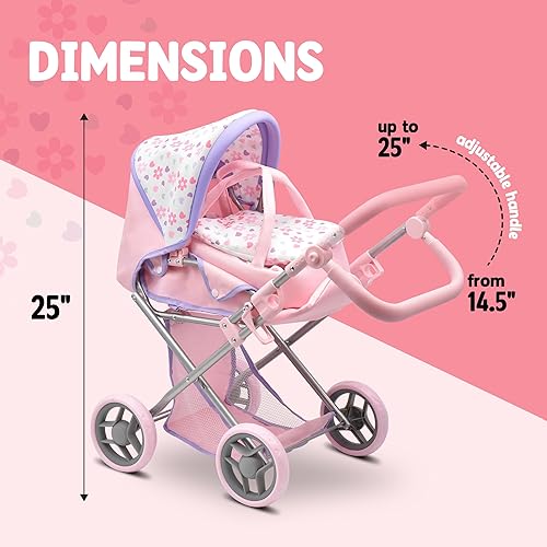 Miniatura 5 de Cochecito convertible de muñeca con moisés de viaje extraíble para niños, asa ajustable, con toldo y cesta de almacenamiento, 25 pulgadas, color