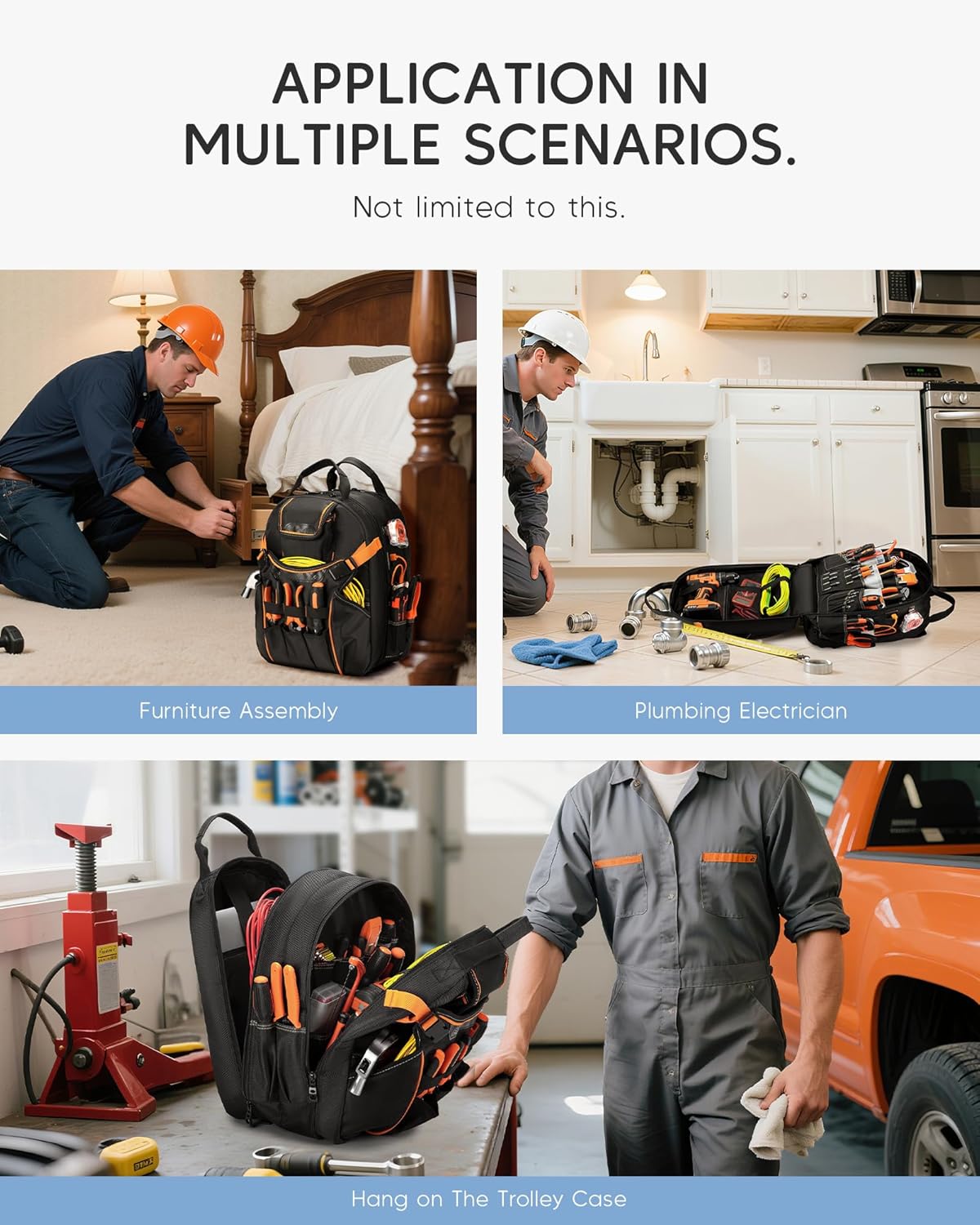 Heavy Duty Tool Backpack,16 Inch Full-Open Tool Bag with USB Charging Port,Water Resistant Tool Storage and Organization for Electricians, Mechanics,HVAC Engineers (Orange)