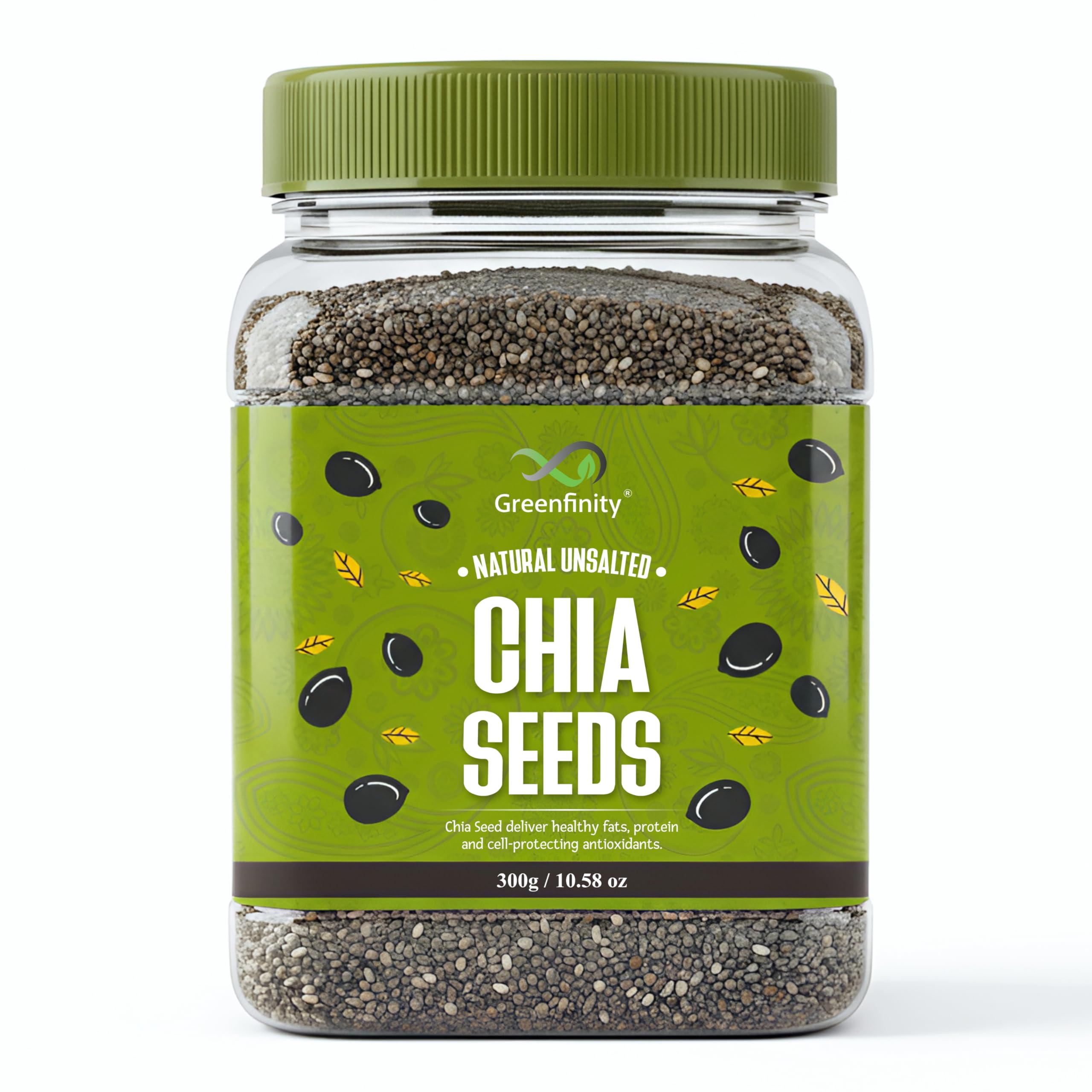 GreenFinity Chia Seeds 300g | Omega-3 clean chia Seeds for Eating | Rich in Calcium, Protein & Fiber, Omega 3 and Antioxidant | Healthy Snacks |