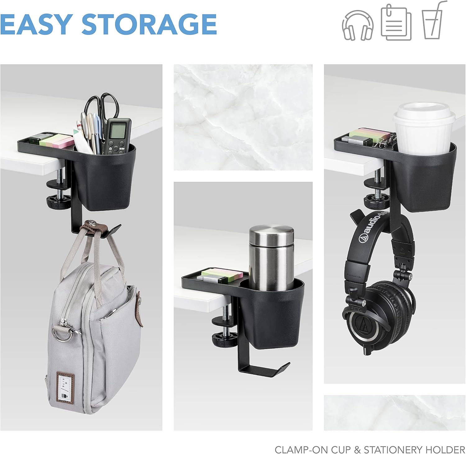 EHO Clamp-On Desk Pen and Cup Holder, 3-in-1 Stationery Organizer with Pencil and Accessory Storage, Reversible Hanging Hook, Space-Saving Desk Clamp Organizer, TAA-Compliant - Image 2