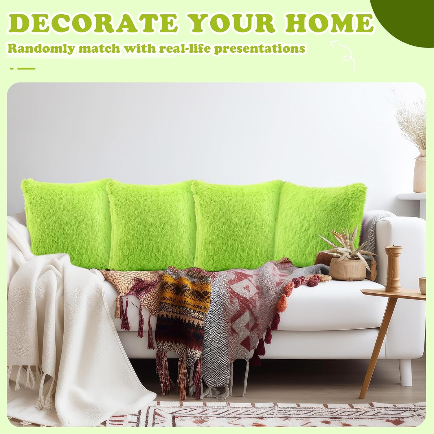 VitalCozy 6 Pcs Winter Faux Fur Throw Pillow Covers Fluffy Couch Cushion 18 x 18 in Square Pillow Luxury Decorative Soft Pillowcase Zipper Closure for Sofa Couch Sleepover Party(Lime Green)