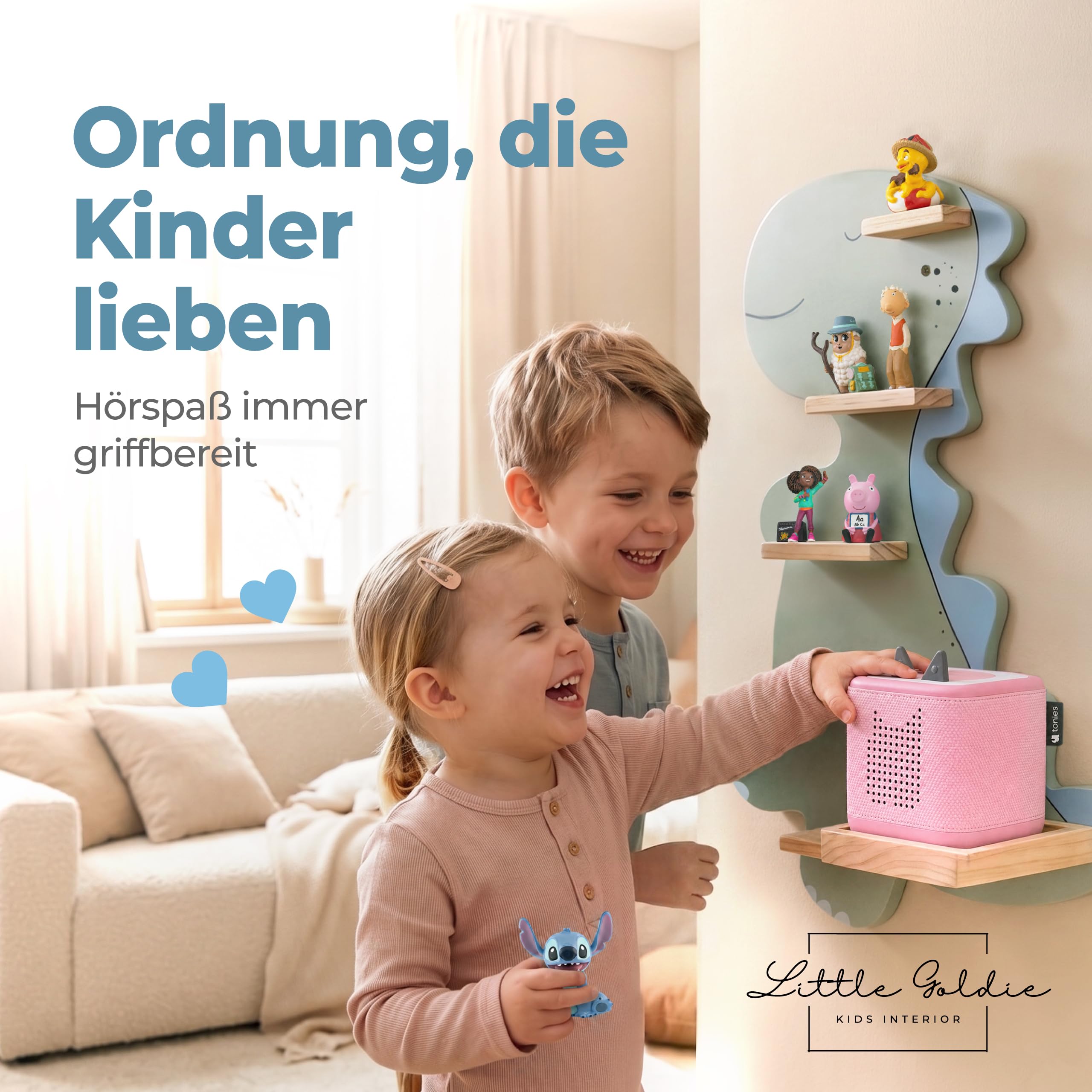 Little Goldie® Tonie Regal - für Tonie Figuren (magnetisch) und Box - Dino Motiv für Jungen und Mädchen - hängend - für Toniebox 1 und 2