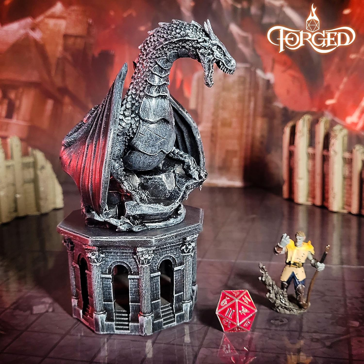 Forged Dice Co. Dragon Dice Jail - D&D Dice Holder and Storage Box with Removable Collectors Dragon Miniature - Fits Up to 2 Standard Polyhedral RPG Sets - Black