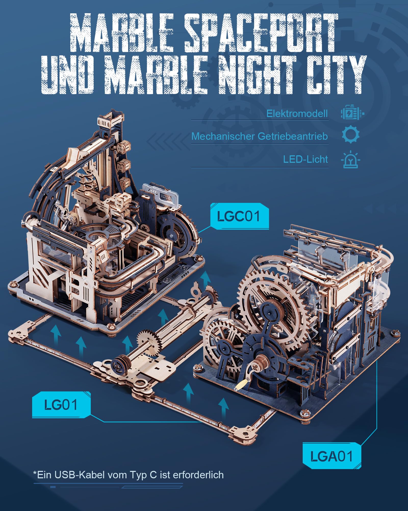 ROKR Kugelbahnen 3D Holzpuzzle für Erwachsene, 3D Puzzle Holz Motorbetriebene Modellbausätze mit Kugeln, Automatischer & Manueller Modi, Marble Spaceport & Night City & Link Pack, LGC01 LGA01 LG01