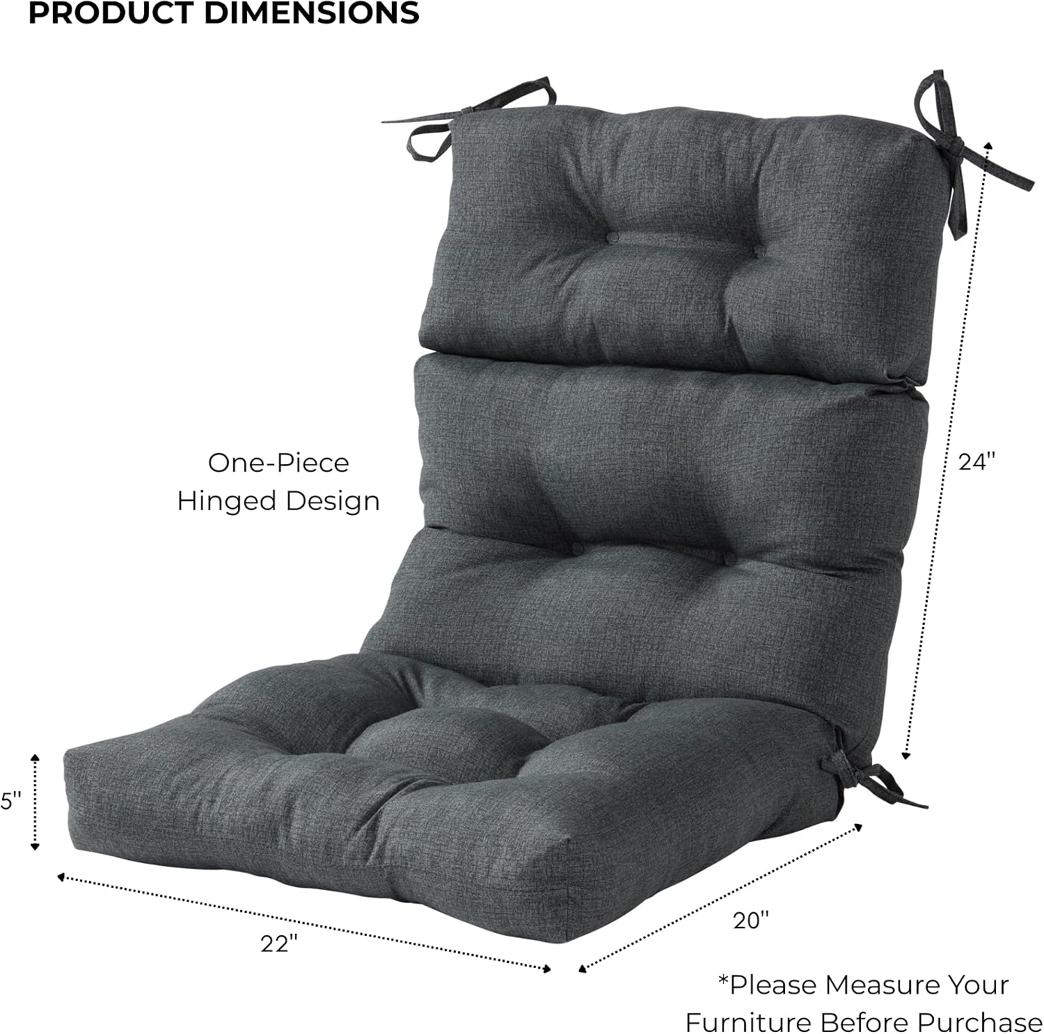 Outdoor Tufted High-Back Chair Cushions, One-Piece Hinged Seat and Back Design, Reversible with 4 Ties, Durable Polyester Fabric, Recycled Fiber Fill - Set of 2, Carbon