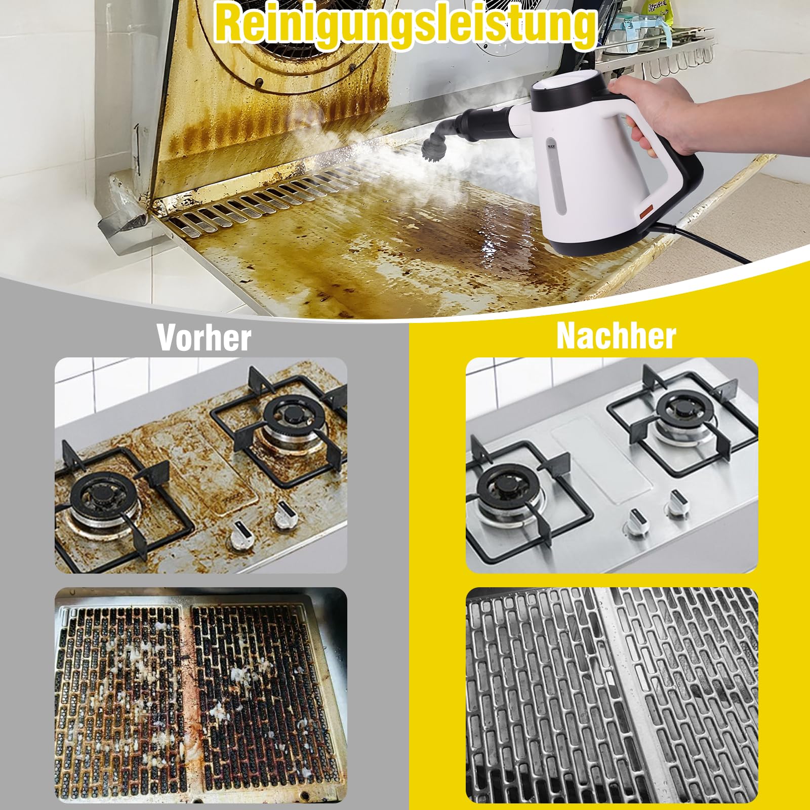 Fippesax Handheld Dampfreiniger, 400ml Druck Mehrzweck-Dampfreiniger mit 9-teiligem Zubehör (Weiß)