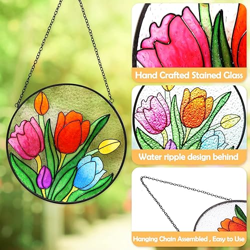 Miniatura 3 de Tuitessine Paneles colgantes con diseño de tulipán, 6.3 x 6.3 pulgadas, redondo, hecho a mano, con cadena, decoración de pared de jardín, patio,