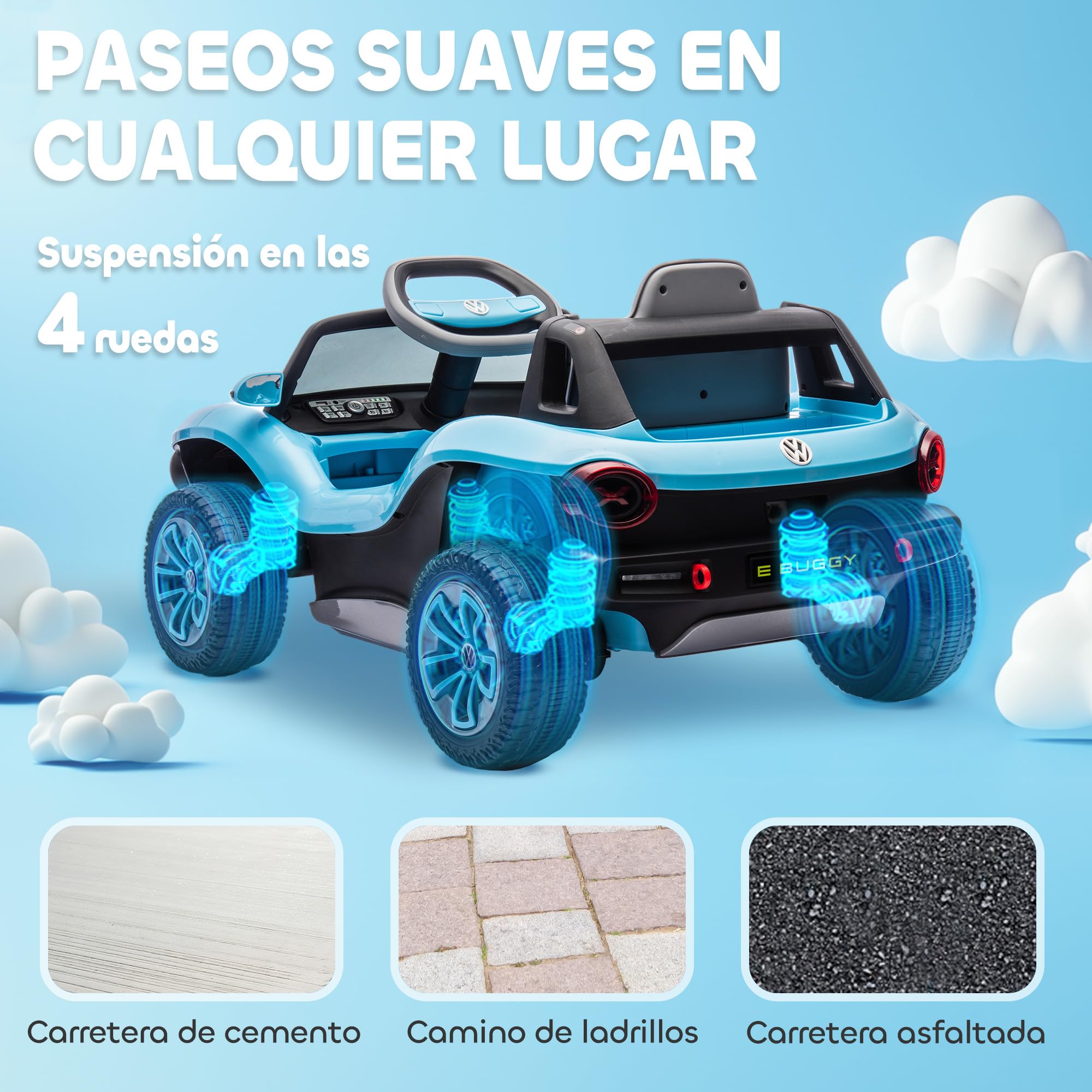 AIYAPLAY Coche Eléctrico para Niños de +3 Años, Volkswagen E-Buggy, Coche de Batería 12V, con Mando a Distancia 2,4 G, Ruedas con Suspensión, Faros LED, Música, USB, Motor Doble, Azul