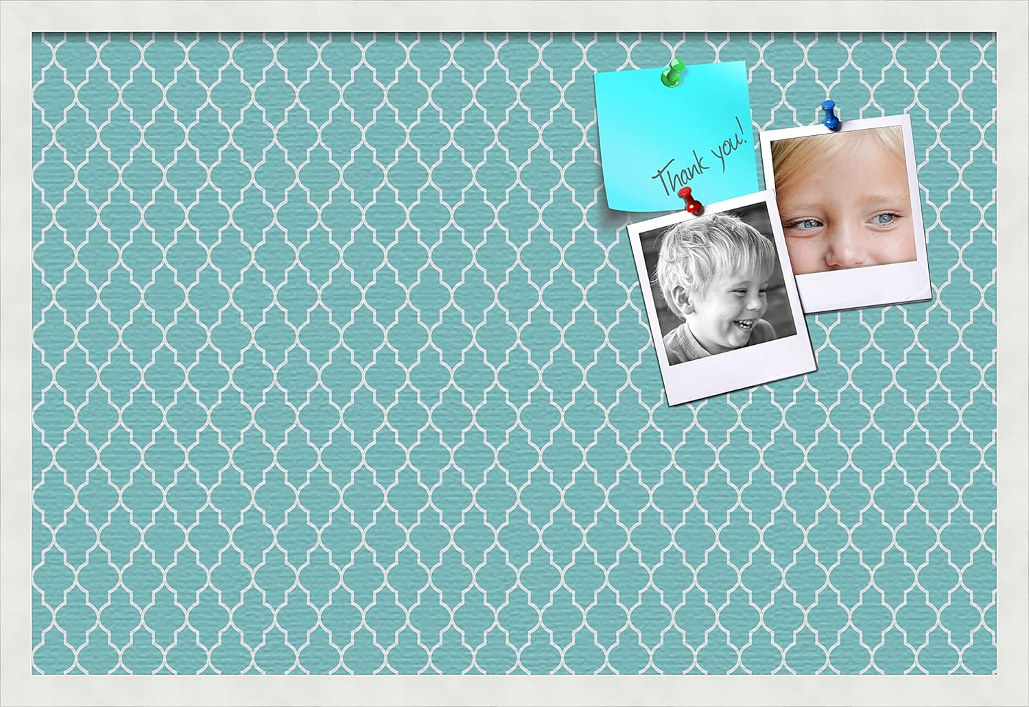 PinPix 30x20 Custom Cork Bulletin Board Quatrefoil Aqua Poster Board with a Canvas Style Photo Board, Framed in Satin White Frame (PinPix-278)