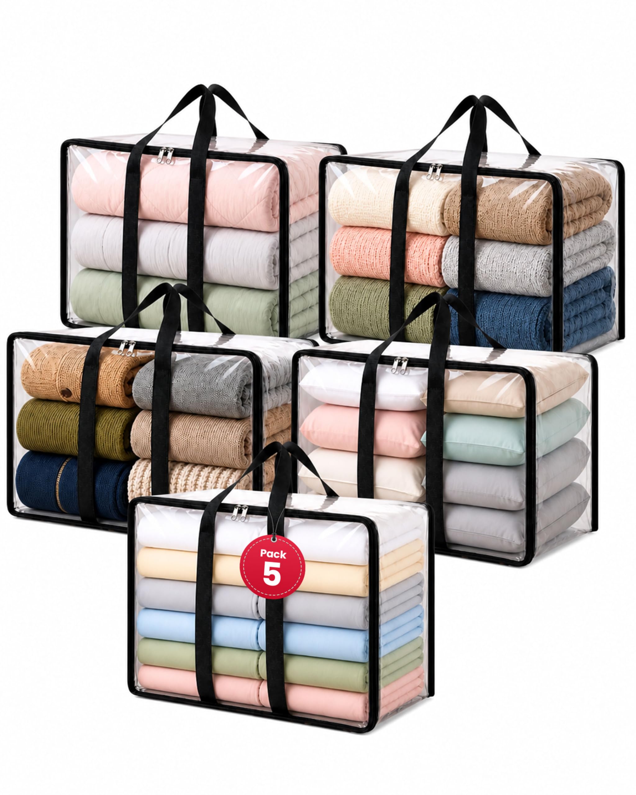 unycos - Scatole per Armadio x 5 Unità【90L】 Contenitori Sottoletto Trasparenti in PVC, Salvaspazio, Pieghevoli con Manici Rinforzati e Cerniera Bidirezionale per Maglioni, Cappotti (60 x 35 x 43 cm)