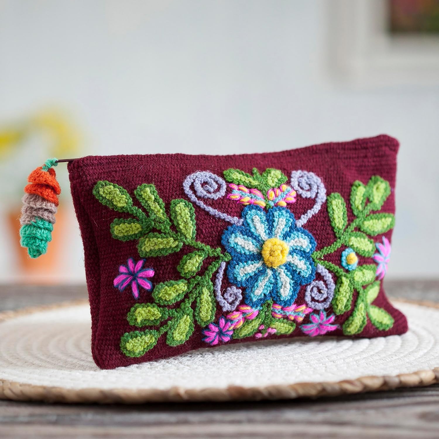 NOVICA Artisan Handwoven Wool Clutch Floral in Maroon from Peru Handbags Multicolor Burgundy Clutches Embroidered ' Peruvian Garden'