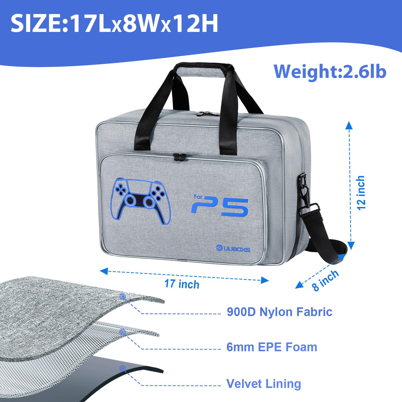 UUBOXS Funda de Transporte para PS5, Bolsa de Viaje Protectora Mejorada para PS5/PS5 Pro/PS5 Slim, Bolsa de Almacenamiento para PS5 Accesorios,Mando,Consola - Gris